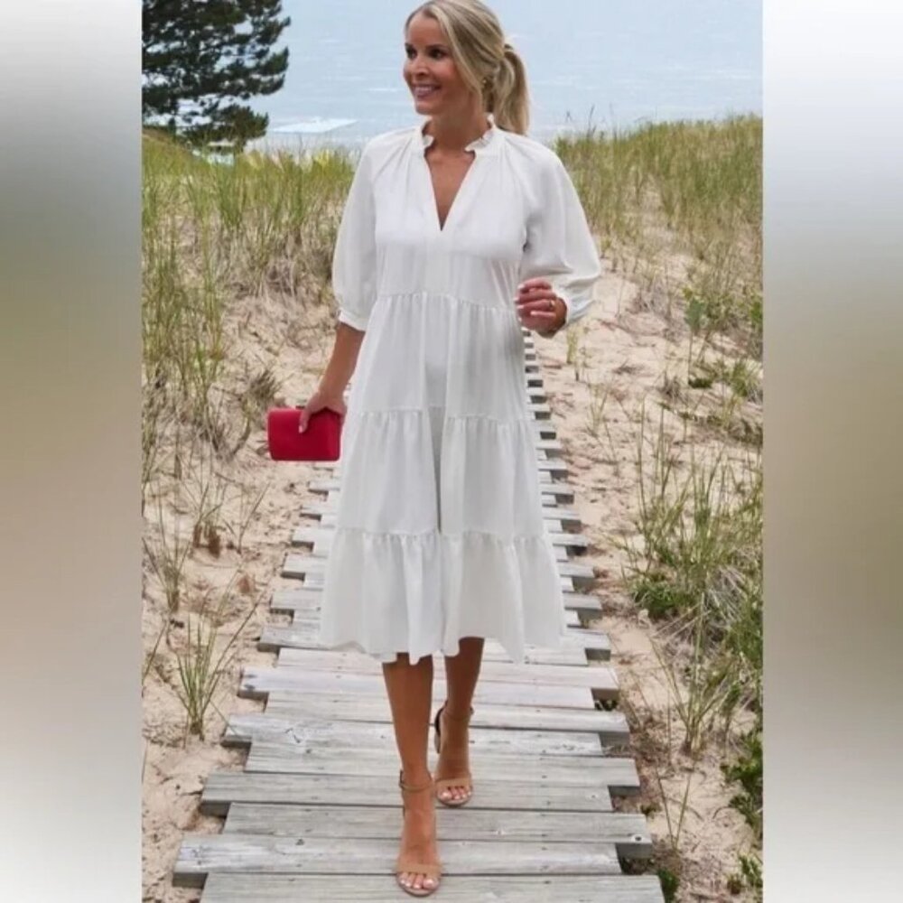 Amanda Uprichard Saffron Ruffled, Tiered Midi Dress in  White/Ivory